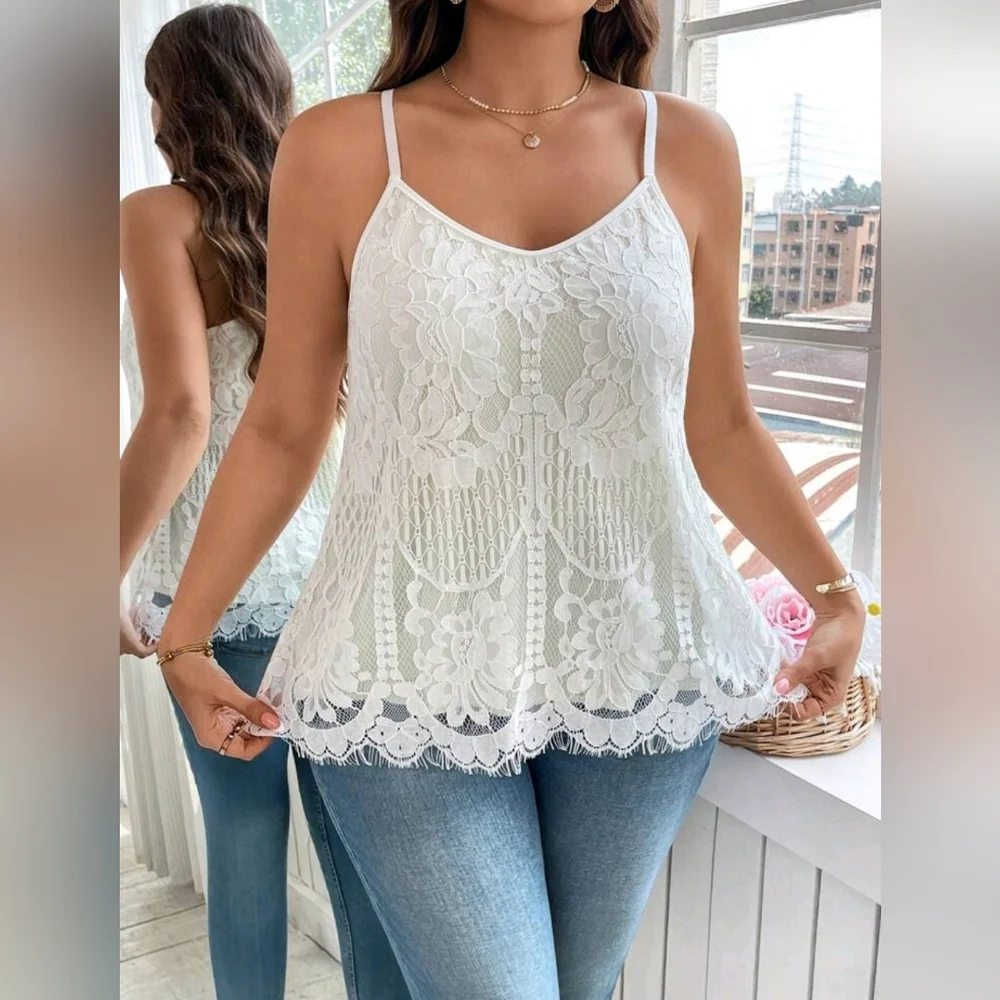 New Boho Scalloped Lace Overlay Cami Tank Top Off White Cream - Picture 5 of 9